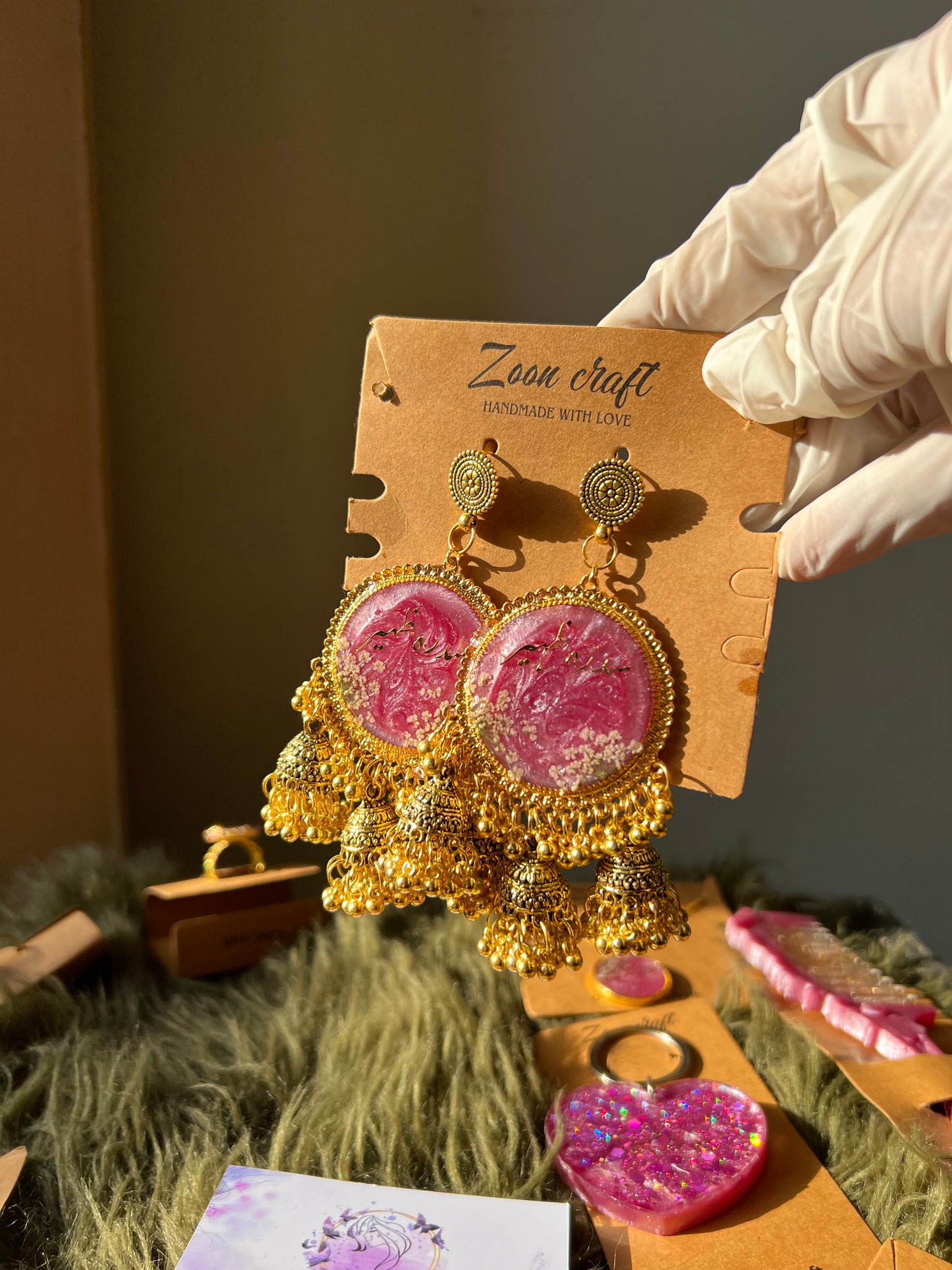 Velvet bloom π - Resin jewelry Set ( jhumkas ,round bracelet , rings , pendent , hair comb , mala , 3 bezel bracelet , pen , heart keychain) πβ¨
