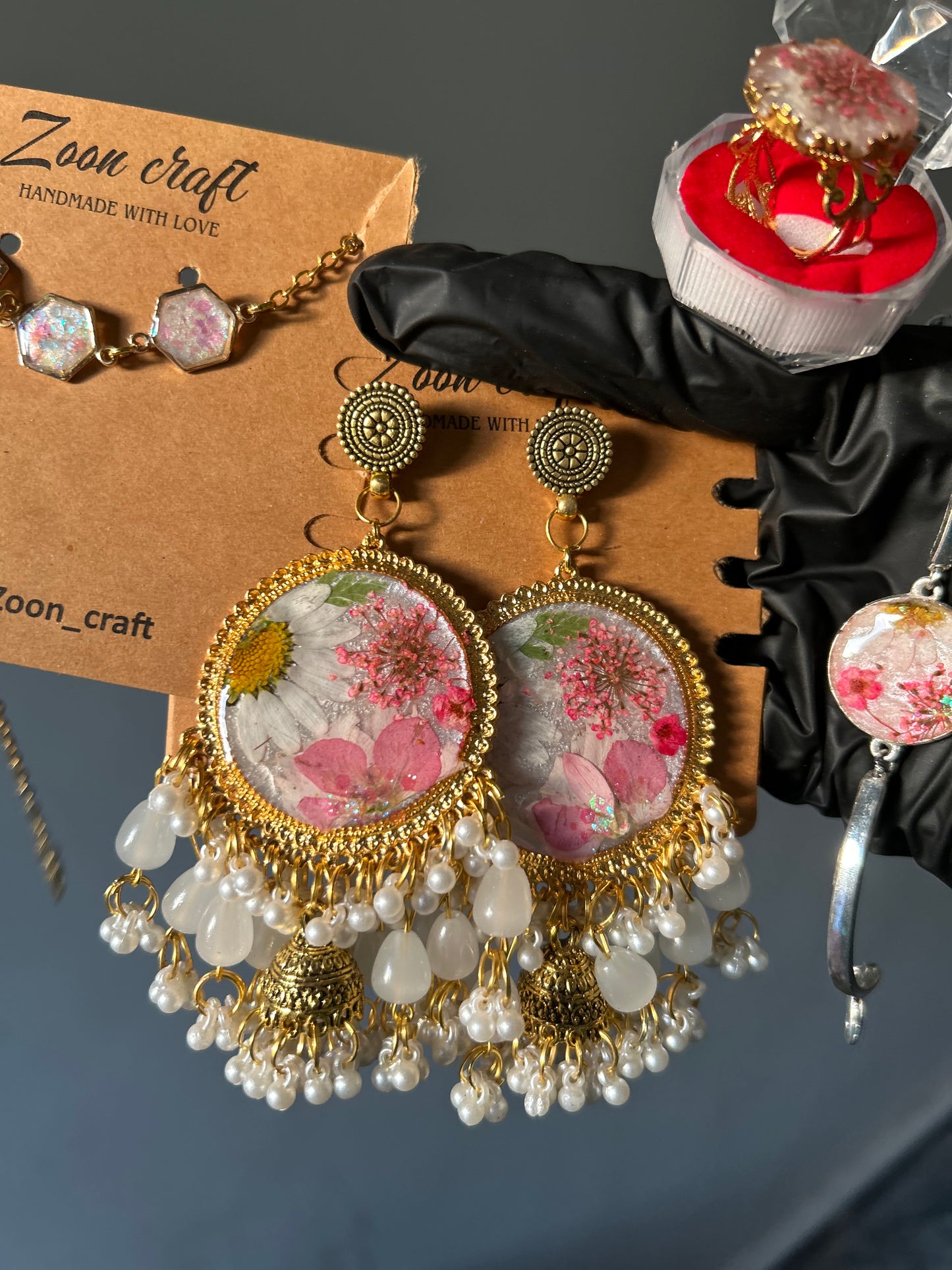 Blushe 🌸 - Resin jewelry Set ( jhumkas , round bracelet, ring , 3 bezel bracelet) ✨🫶🏻