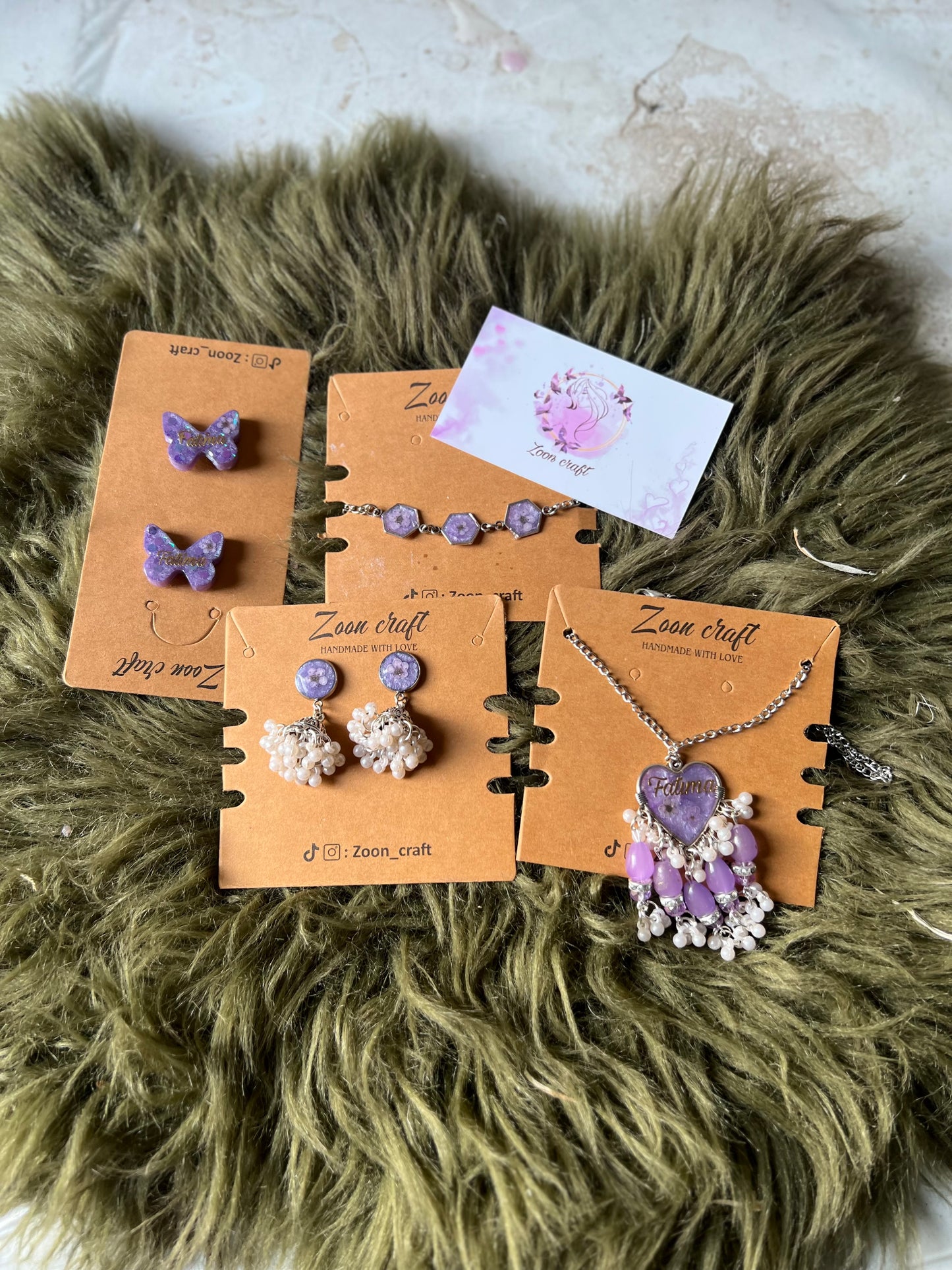 Lavender luxe - Resin jewelry set ( small jhumki , mala , 3 bezel bracelet & ear studs )