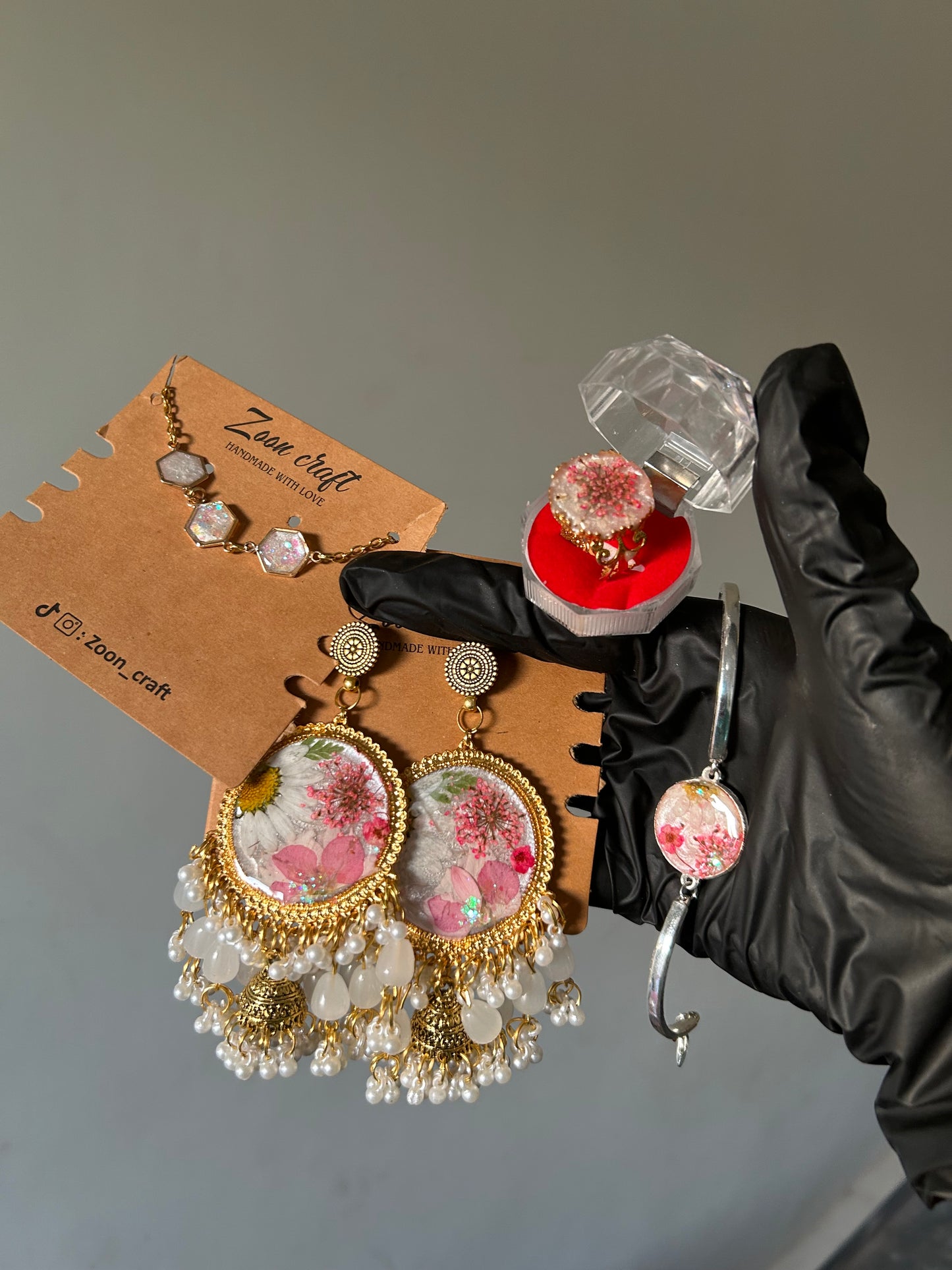 Blushe 🌸 - Resin jewelry Set ( jhumkas , round bracelet, ring , 3 bezel bracelet) ✨🫶🏻