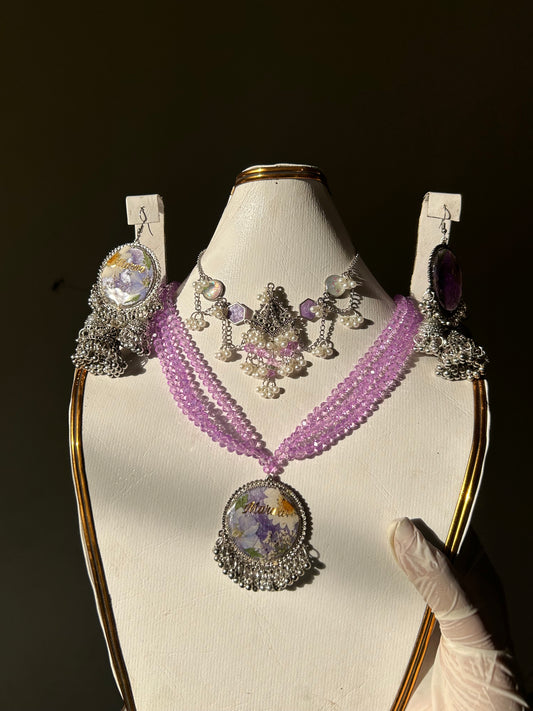 Lilac 3 jhumki set include Earrings, Mala & chokker💜
