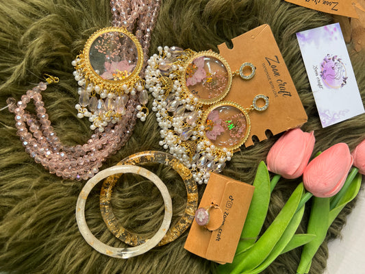 Baby pink Transparent jewellery set✨🩷Earrings Mala bangles & Rings