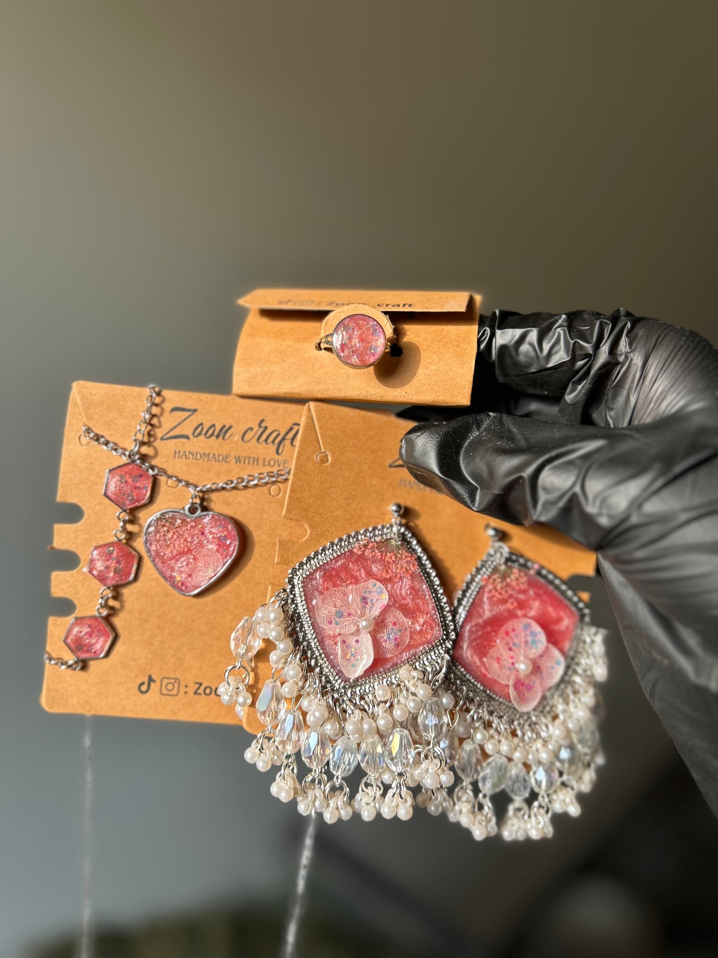 Pink Imperial charm 🩷 - Resin jewelry set ( jhumkas , pendent , bracelet & ring ) ✨🪷