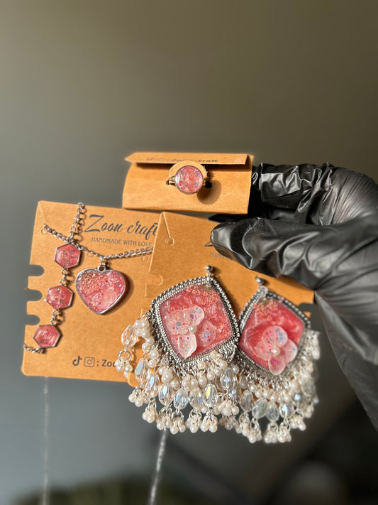 Pink Imperial charm 🩷 - Resin jewelry set ( jhumkas , pendent , bracelet & ring ) ✨🪷