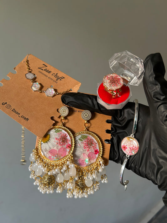 Blushe 🌸 - Resin jewelry Set ( jhumkas , round bracelet, ring , 3 bezel bracelet) ✨🫶🏻