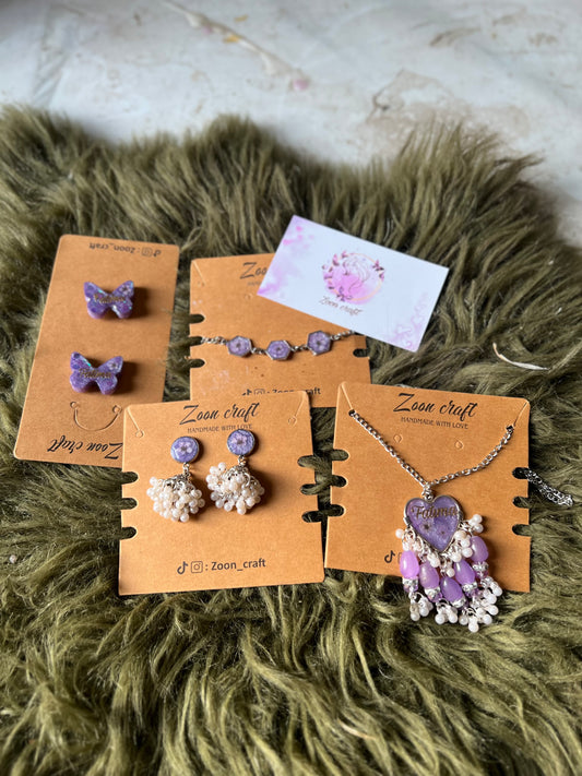 Lavender luxe - Resin jewelry set ( small jhumki , mala , 3 bezel bracelet & ear studs )