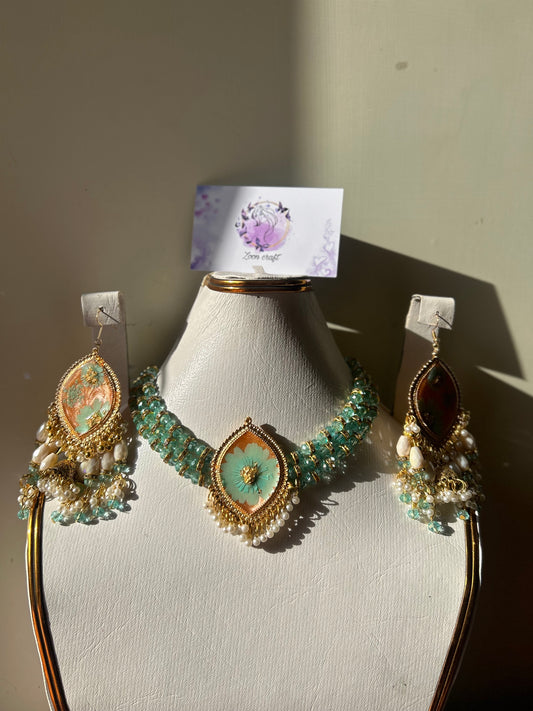 Aqua & peach Dreamy set ✨🩵🧡Earrings Chokker bangles and Ring