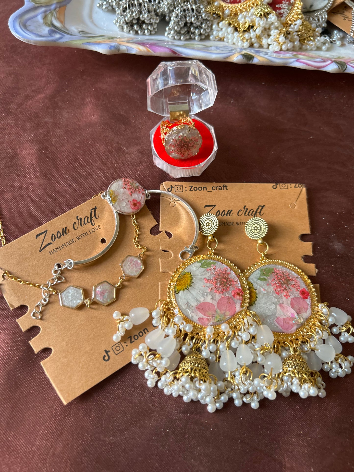 Blushe 🌸 - Resin jewelry Set ( jhumkas , round bracelet, ring , 3 bezel bracelet) ✨🫶🏻