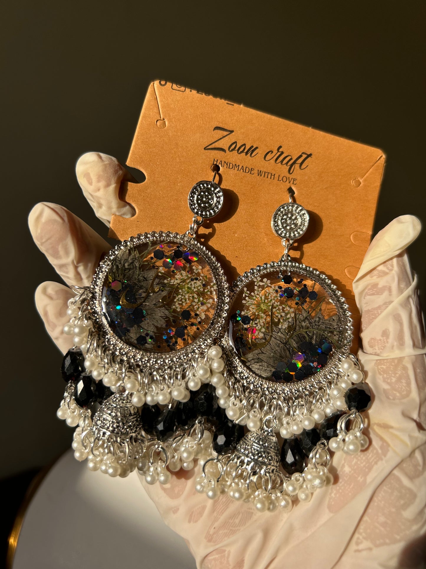 Black florive - Resin jewelry Set ( jhumkas , pendent, round bracelet, ring )