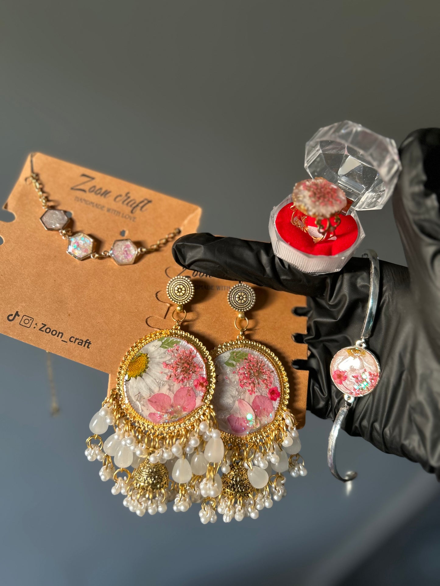 Blushe 🌸 - Resin jewelry Set ( jhumkas , round bracelet, ring , 3 bezel bracelet) ✨🫶🏻