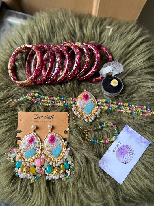 Polychrome Gems 🎀🪷✨- Resin jewelry set ( jhunkas , mala , bracelet, ring & 8 bangels ) 🥀
