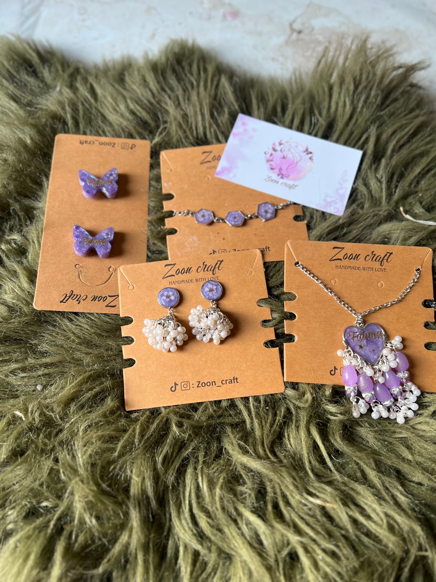 Lavender luxe - Resin jewelry set ( small jhumki , mala , 3 bezel bracelet & ear studs )
