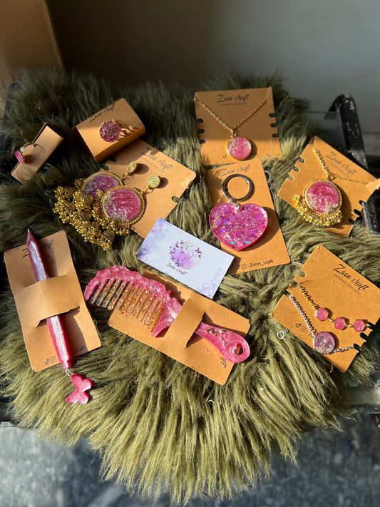 Velvet bloom 💗 - Resin jewelry Set ( jhumkas ,round  bracelet , rings , pendent , hair comb , mala , 3 bezel bracelet , pen , heart keychain) 🎀✨