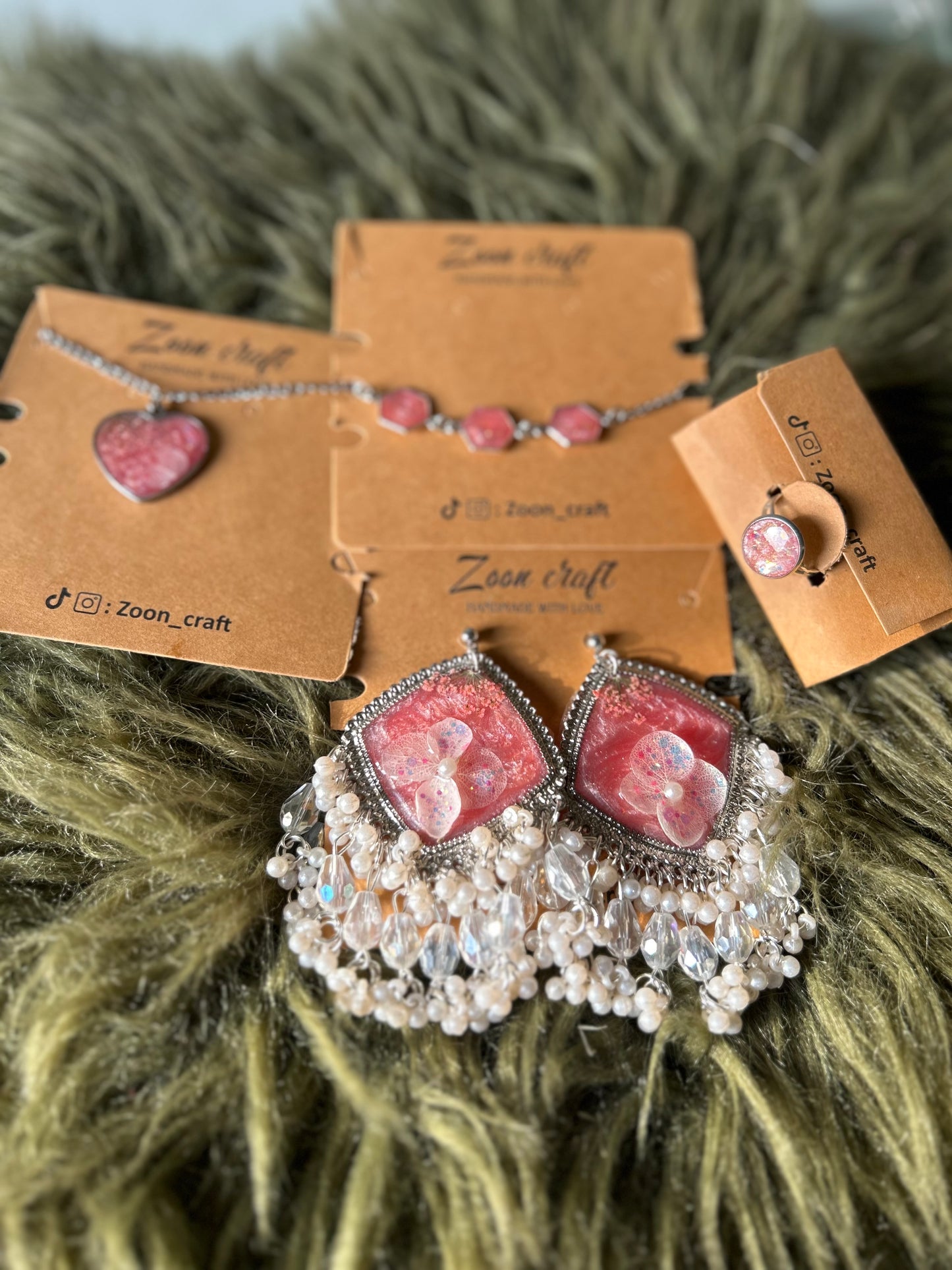 Pink Imperial charm 🩷 - Resin jewelry set ( jhumkas , pendent , bracelet & ring ) ✨🪷